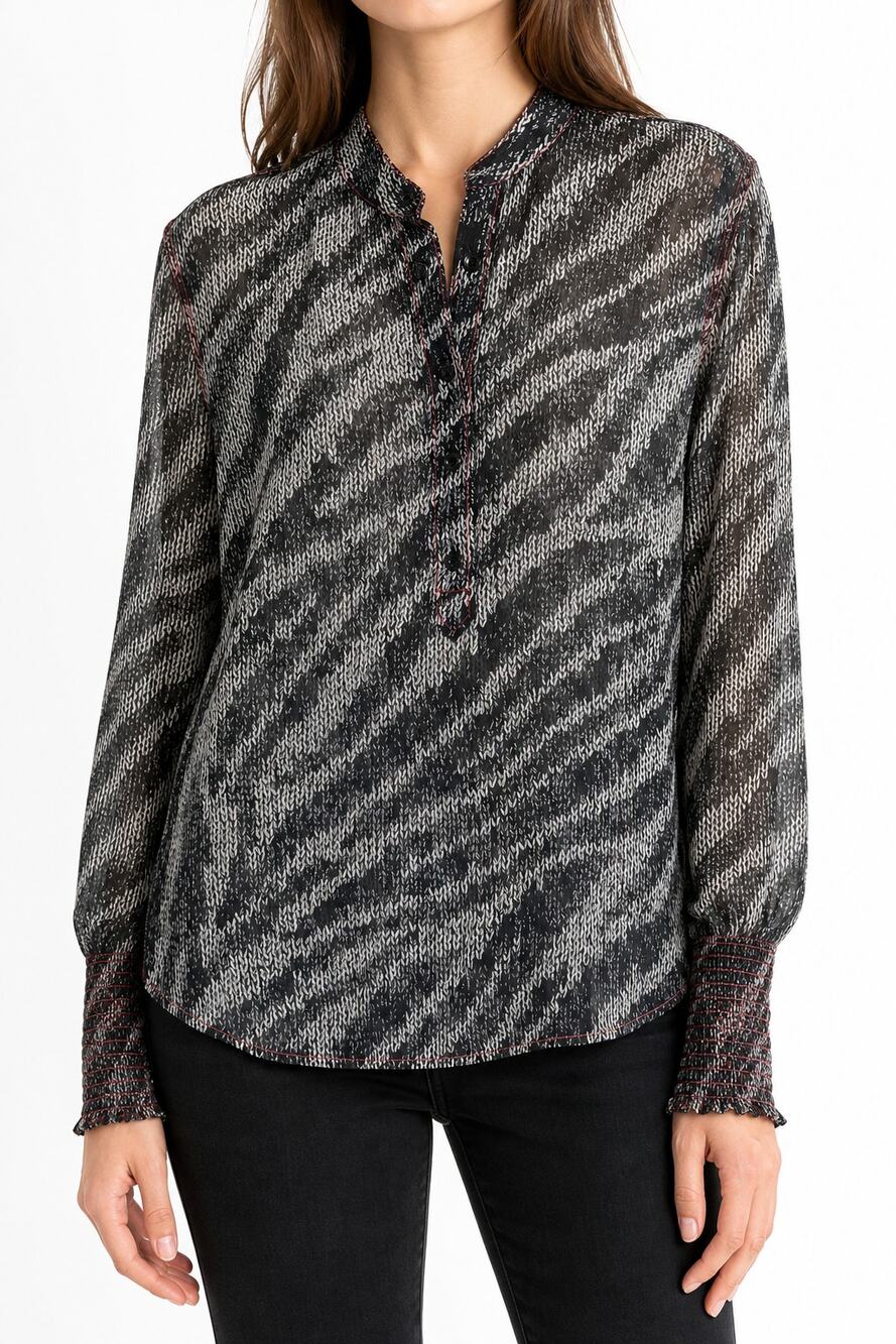 Rag & Bone Womens Silk Print Blouse Smocked Cuffs Black White S Minimalist Work